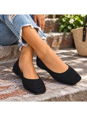 Square Toe Mesh Knit Ballet Flats Minimalist Slip-On Breathable Casual Shoes